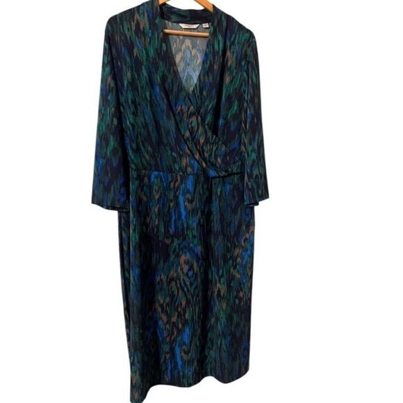 Liz Claiborne Size 2X Long Sleeve Faux Wrap Sheath Dress Blue Peacock Ikat Print - Picture 1 of 15